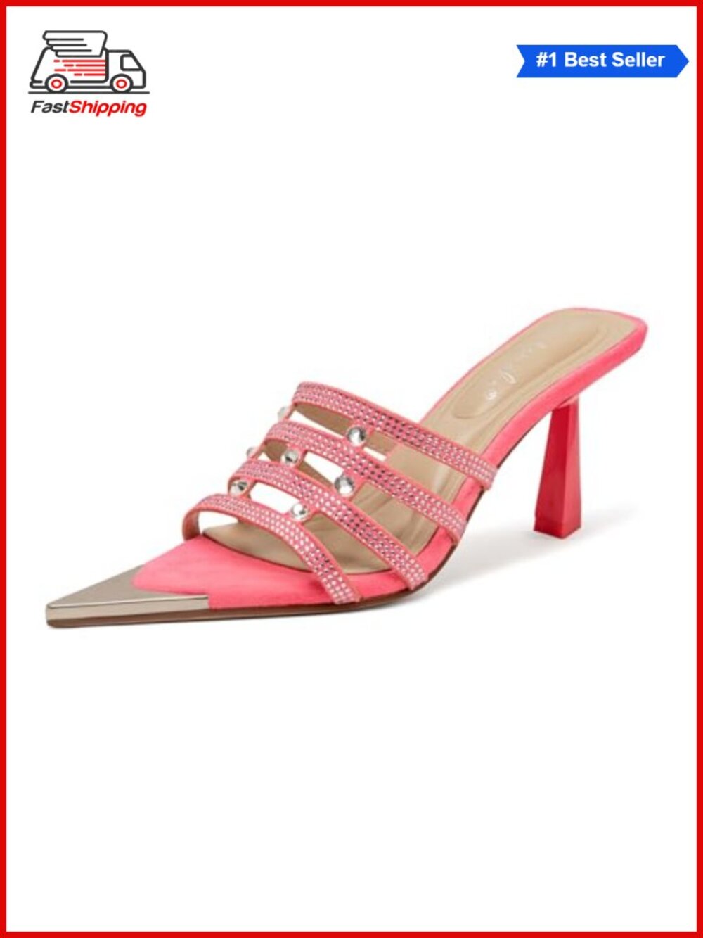 Women's Rhinestone Stiletto Mule Heels Pointed Toe Slip-On Sandals